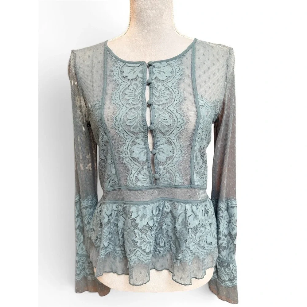 Free People Blouse Womens Small Blue Sheer Lace Peplum Mesh Boho Victorian